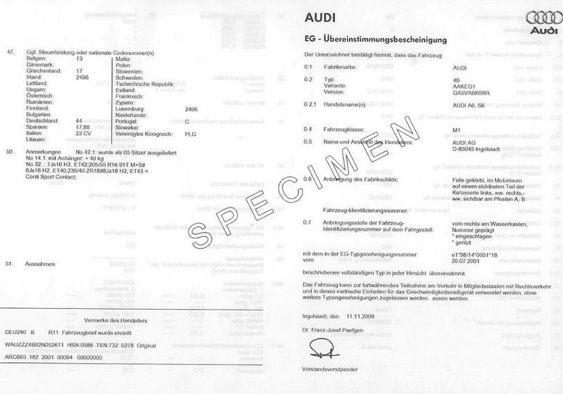 Quels sont les documents nécessaires  pour obtenir un certificat de conformité Audi