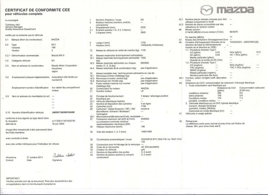 Certificat de conformité Mazda  Immatriculer un véhicule importé Mazda