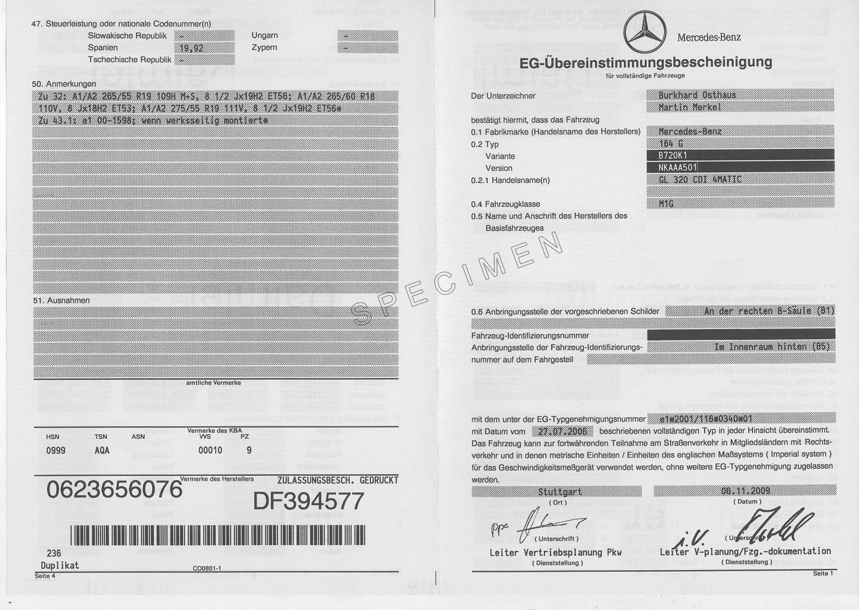 Certificat de conformité  Mercedes 