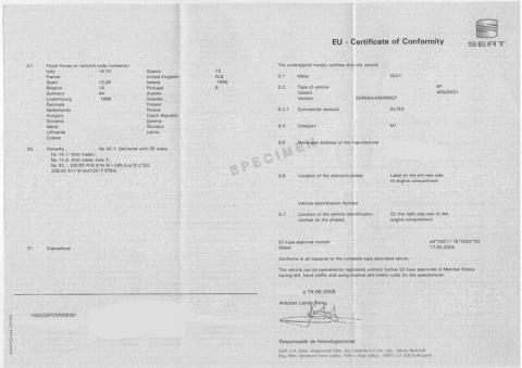 Certificat de conformité seat