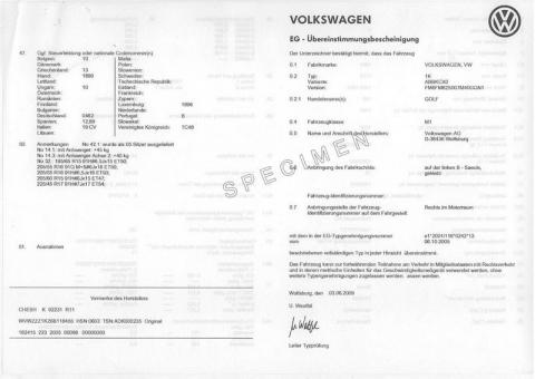 Certificat de conformité Volkswagen